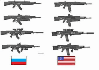 A bunch of guns that are in different positions