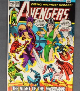 Vintage Avengers #114 comic book cover featuring superheroes in action titled "The Night of the Swordsman!
