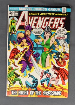 Vintage Avengers #114 comic book cover featuring superheroes in action titled "The Night of the Swordsman!