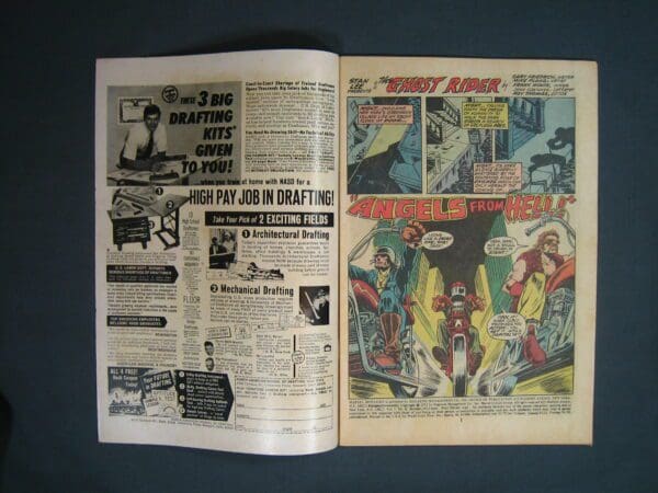 A vintage "Marvel Spotlight #6" comic book open on a spread showing colorful illustrations and advertisements.