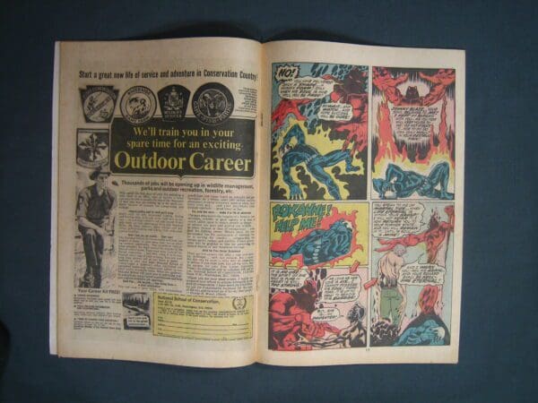 An open "Marvel Spotlight #6" comic book displaying an advertisement on the left page and colorful comic panels on the right page.