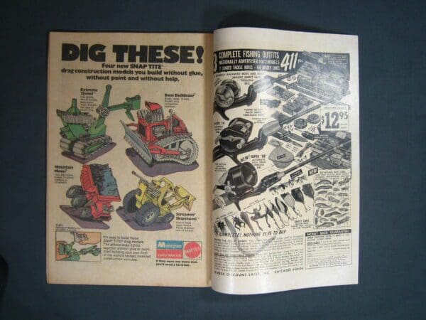 Vintage magazine spread featuring construction toy advertisements, fishing gear offers, and Marvel Spotlight #6.