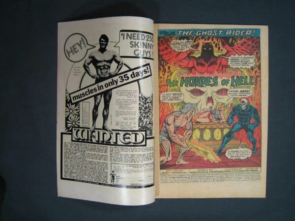 Sentence with product replaced: Vintage Marvel Spotlight #8 comic book open to an advertisement page and the beginning of a Ghost Rider story.
Product Name: Marvel Spotlight #8