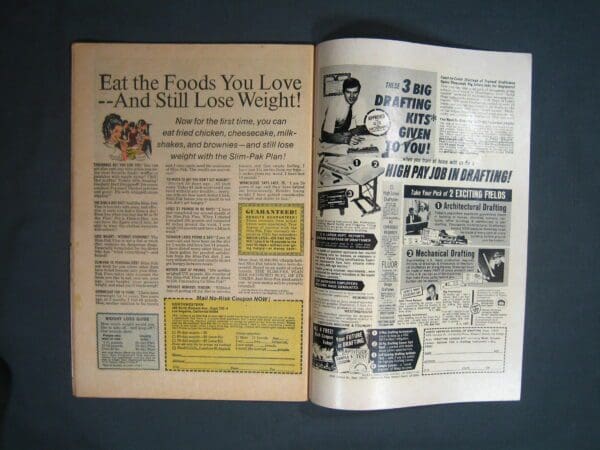 Open vintage magazine spread featuring a weight loss advertisement and a Marvel Spotlight #8 advertisement.