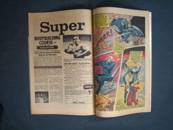 Open the Marvel Spotlight #9, displaying an advertisement for a bodybuilding course on the left page and a colorful superhero comic strip on the right.