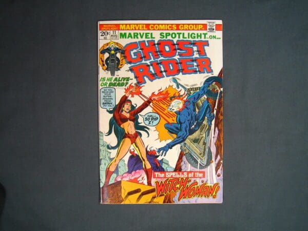 The Marvel Spotlight #11 vintage comic book cover featuring the character Ghost Rider on his motorcycle with dramatic action in the background.