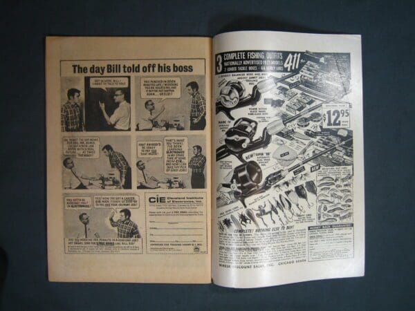 Vintage newspaper spread featuring a comic strip titled "Marvel Spotlight #11" on the left and an advertisement for fishing gear on the right.
