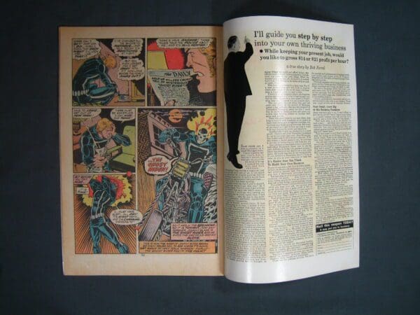 Open the "Ghost Rider #10" comic book displaying a colorful page on the left with various panels and a black-and-white advertisement on the right side.