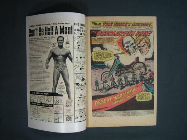 Open magazine featuring vintage comic book pages with an advertisement on the left and a colorful adventure story titled "Ghost Rider #11" "the desolation run" on the right.
