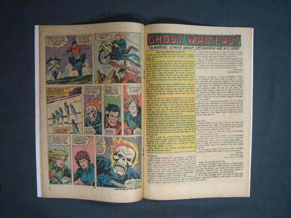 An open comic book displaying a page titled "Ghost Rider #11" with colorful illustrations and text.