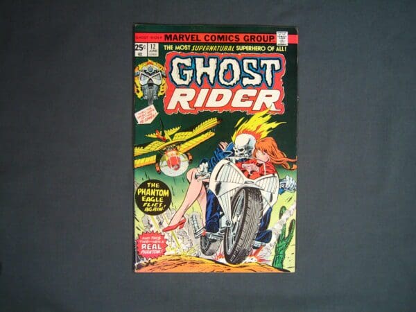 Sentence with product name: Ghost Rider #12 comic book on display, featuring the character riding a motorcycle with his signature fiery skull.