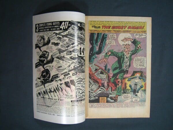 An open vintage comic book displaying an advertisement page and the first page of Ghost Rider #12 story.