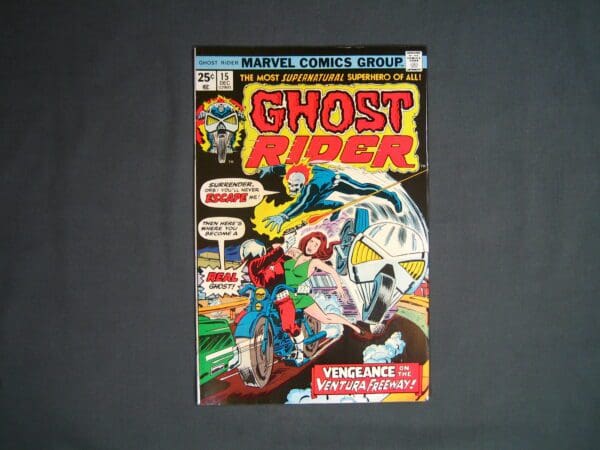Vintage Ghost Rider #15 comic book displayed on a flat surface.